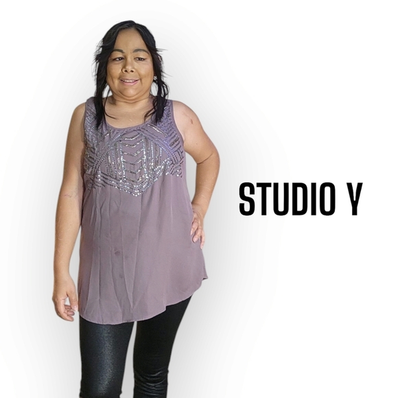 STUDIO Y WOMENS MEDIUM BROWN/GREY SEQUIN BLOUSE - Picture 2 of 5